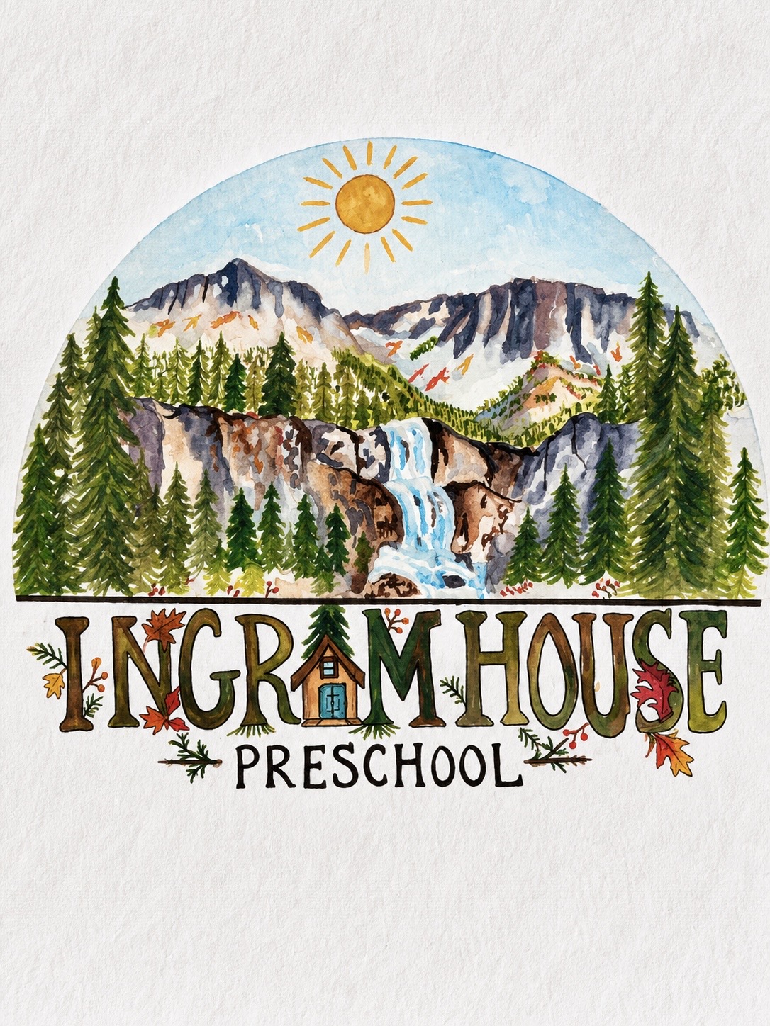 Ingram House Preschool watercolor logo with a sun, mountains, pine trees, a waterfall, and a little house